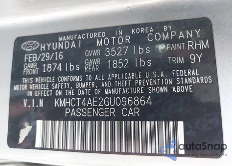 2016 Hyundai Accent Se из США, поврежденный, VIN KMHCT4AE2GU096864